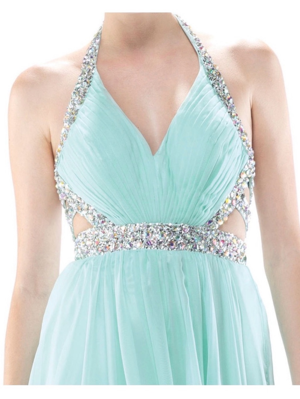 Colors Dress 981 Chiffon Gown | Size 16 | Mint/Aqua Halter Open Back Formal